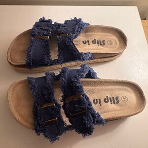 Blue Frayed Slip-On Sandals